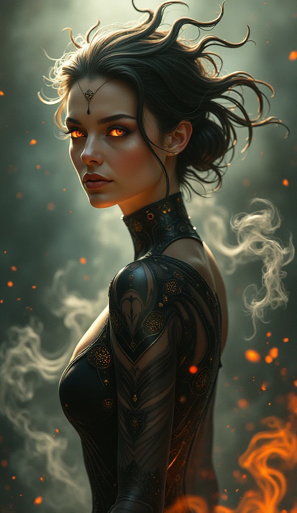 A bewitching beauty with eyes that sparkle with magic, surrounded by swirling wisps of smoke and flame. Inspired by Art Deco, her form is sleek and stylized, with flowing lines and geometric patterns that capture the glamour of the Roaring Twenties.