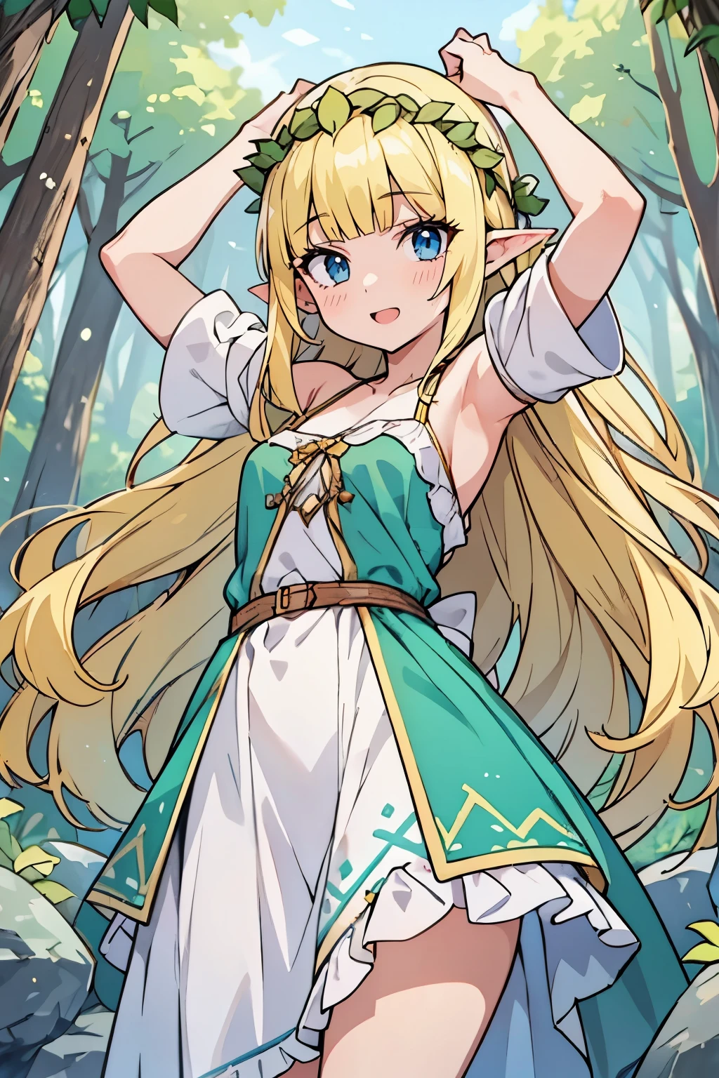 solo girl, (young female body:1.4), ( medium small breasts), cowboy shot, shy smile, flustered, yellow hair, extra long wavy hair, thick wavy hair, hime cut, very blunt bangs, yellow disheveled hair, light blue eyes, forest background, magical trees, river and rocks, elf ears, elf girl, white and leafy green dress, dark green dress, off shoulder sleeves, white flower crown, exposed collarbones, standing, dynamic posing, open arms, arms above head