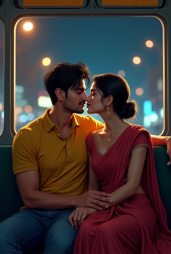 The boy and girl kissing each other inside the bus at night. Boy wears yellow polo t shirt, girl wears red undesigned Chudidar. They sit Simultaneously. Boy has more muscles