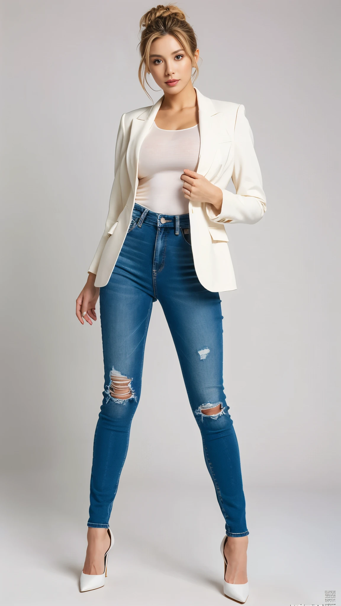 A sexy korean woman, long flowy blonde hair, glossy lips, plump body, long legs, heavy breasts, giant breasts, huge breasts, massive breasts, juicy breasts, succulent breasts, enormous breasts, braless, wearing casual tight shirt with blazer, ripped skinny jeans, high heels, stilettos, full body, standing on the floor, detailed body, at photo studio, white backdrop, dynamic light, 8K, masterpiece, ultra detailed, professional studio lighting.