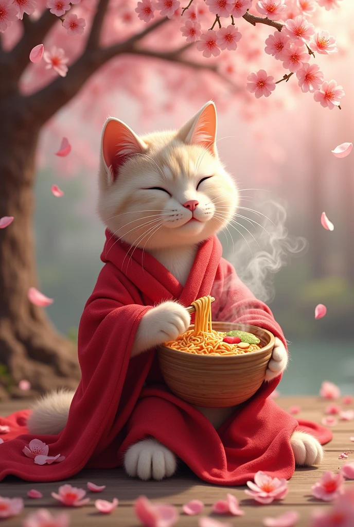 Cat in a red robe eating ramen under a cherry tree 