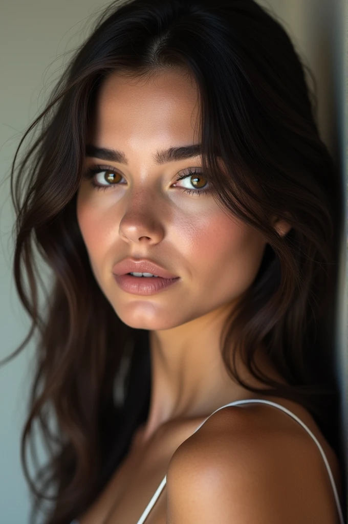 A beautiful white woman with dark her and super light brown eyes. Make her look extremely attractive and extremely realistic.