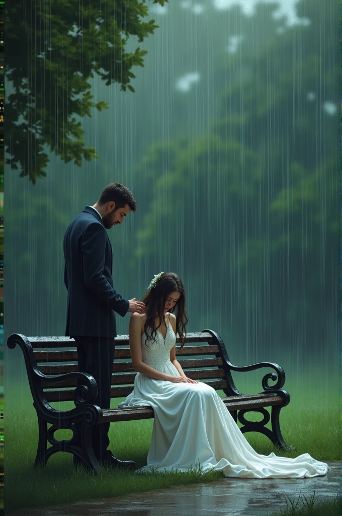 Create a picture of a woman crying, she is sitting on a park bench wearing a white wedding dress., next to her a man was standing trying to cover her from the rain while holding out his hand, The middle of the park is showered with rain