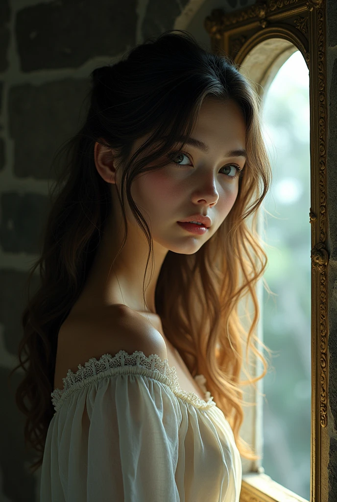 anime brunette blonde woman, light eyes, face of wonder, A little scared, looking out of a window in an old stone house