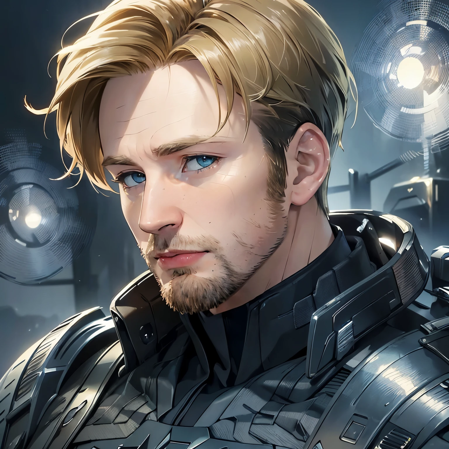 (masterpiece), best picture quality, profile icon, semi realism, 8k cg, stunningly handsome, intricate details, chromatic aberration, ((bust shot)), ((looking at viewer)), facing the front, portrait, close up, 1boy, Steve Rodgers, superhero suit, short blonde hair, blonde beard, blue eyes, mature face, strong features, absurdres, cinematic lighting, dynamic lighting, fantasy, ((dark background, fog))
