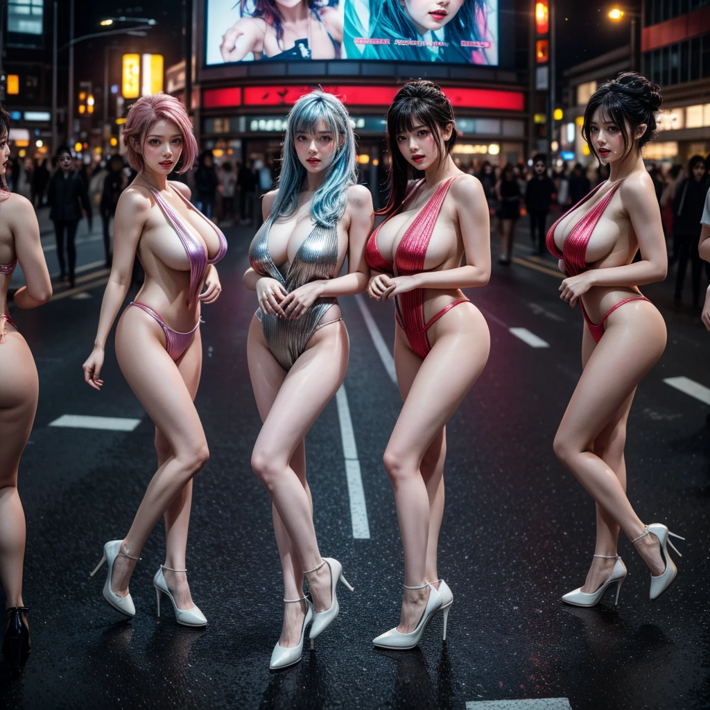 (Full Body of Extremely Detailed((Sexy Ladies Group in a row:1.37))), KAWAII perfect face, Reflective Eyes, Detailed(Delicate Clothing textures), Correct graceful legs, Dynamic Joyful Expressions LifeLike Rendering, Specular Reflection, TopQuality 8K Ultra-detailed masterpiece (ProfessionalPhoto:1.37), (Acutance:0.8), (Luminism:1.28), ((Shibuya Scramble Crossing)), (Colorful Light particles), ((Full body from side)) {MicroMini Skirt|Kissing Face to Face|Undressing|Thigh Gap|Cute Peach AssFocus|NakedApron with SideBoob}, Radiant Fine Skin with Transparency, {Pink Hair|LightBlue Hair|Pure White Hair|Blonde|Liquid Hair|Red HighHeels}, Perfect Lighting, {Flower Ornament|Huge screen Showing them|Dynamic Angle}