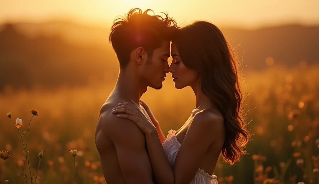 couple (boy and girl) have sex, beaotiful couple, totally nude, golden hour