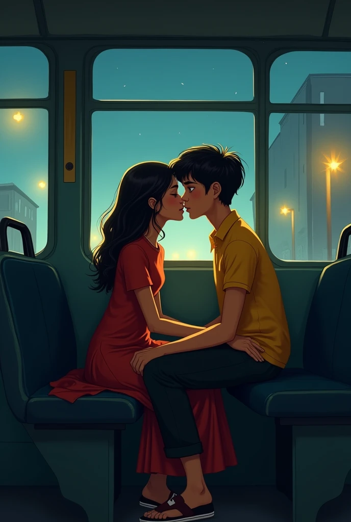 The boy and girl kissing each other inside the bus at night. Boy wears yellow polo t shirt, girl wears red undesigned Chudidar. They sit Simultaneously.