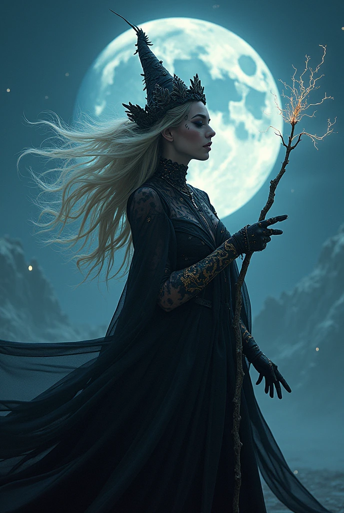 lady gaga dressed as a witch with a wand in her hand and a moon in the background
