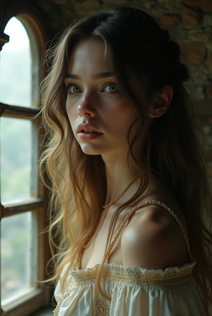 anime brunette blonde woman, light eyes, face of wonder, a little scared, looking out of a window in an old stone house