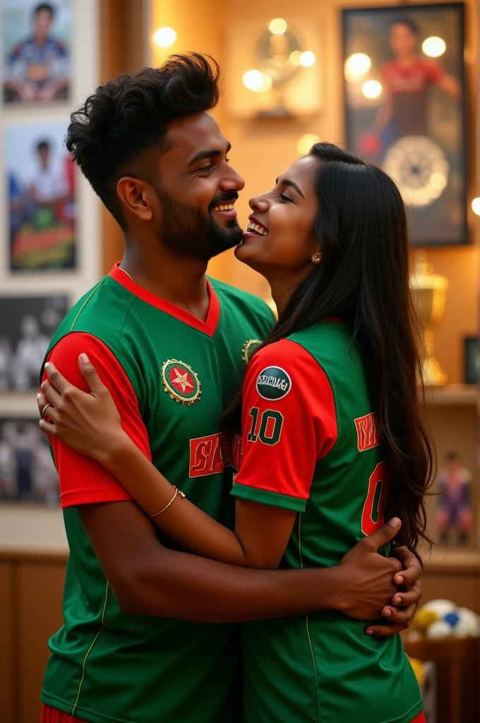 A 22 years boy wearing a Bangladesh cricket world cup Jersey. The Jersey number is 09 and name is Mugdho and a girl is hugging him, the girls name is Ananda she weared also Bangladesh cricket world cup Jersey and her Jersey number is 10. The background is a cricket galary.