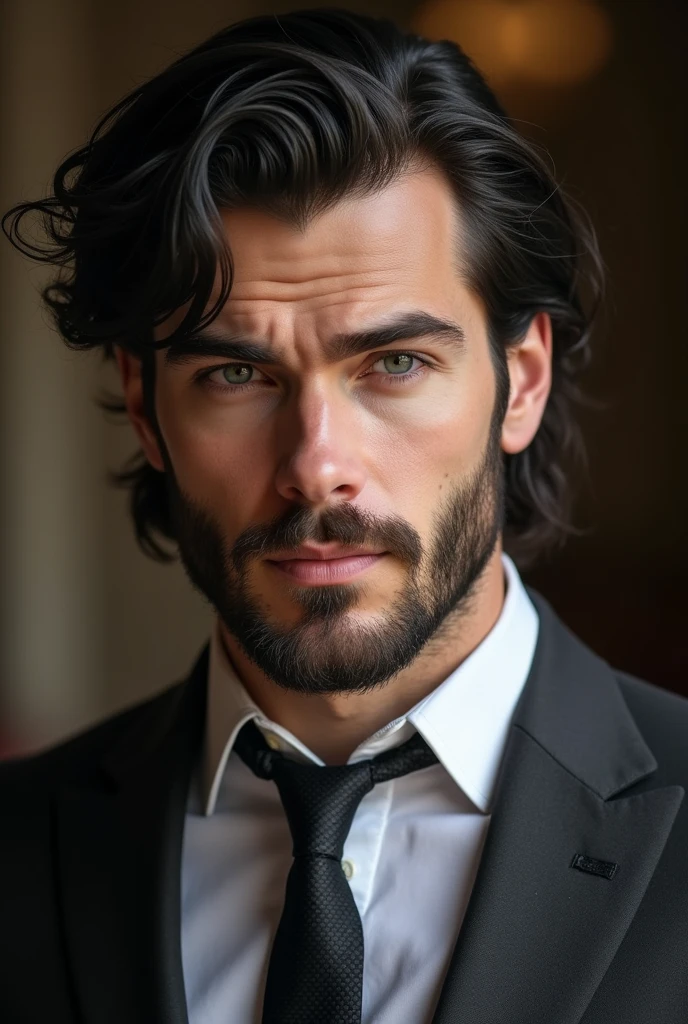 British. Masculine. Handsome, husband and father. Full lips, straight nose, and a finely shaved beard and mustache. Light blue eyes and messy and long black hair. Dimples and Thick eyebrows and smooth and white skin. similar to Christian Hermbwood