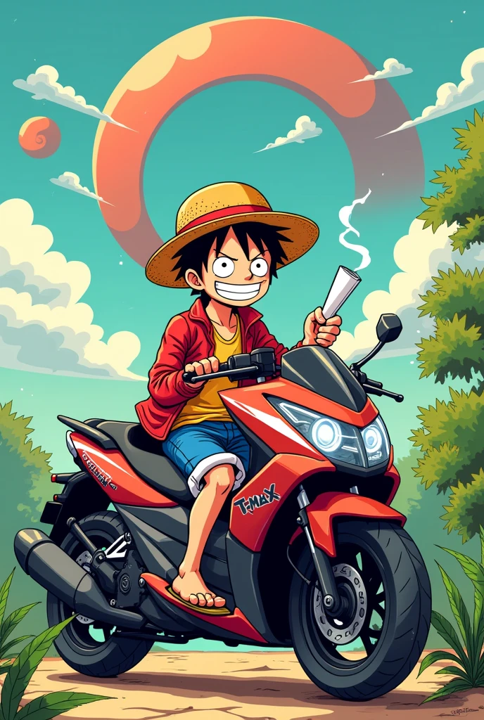 luffy sur un tmax entrain de fumer un joint de weed en cartoon
