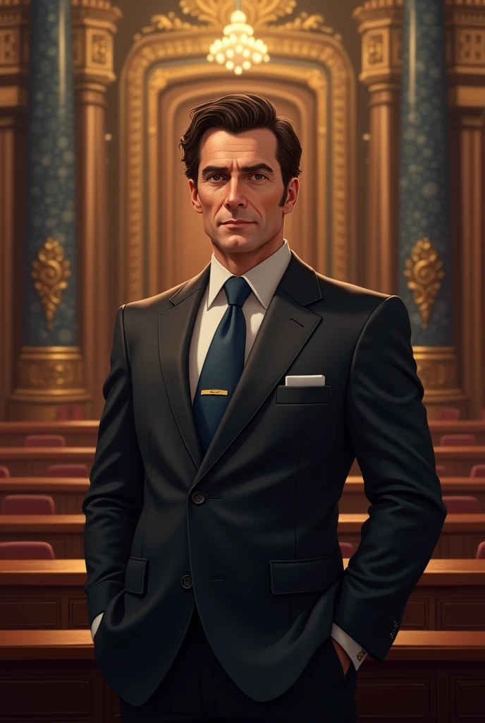 White man with short wavy hair, brown eyes and a mole on his left cheek, in a suit and tie at the Venezuelan National Assembly
