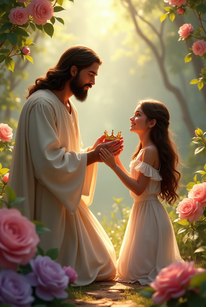 a kneeling girl in white clothes and a crown, drawing in the Disney Pixar style, in a dress with short sleeves and exposed shoulders, big, flowing hair, brownhair, She is with Jesus and Jesus has the crown in his hands and is going to place the crown on the girl's head, place surrounded by pink and lilac roses,