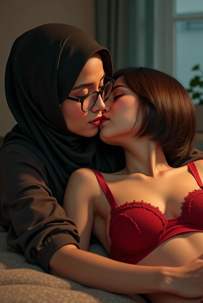 beautiful 35 yo indonesian hijab teacher wearing glass,black bra,medium breast,pale eyes,laying on the table,hug from.behind by a 20 yo woman medium tit,,short hair,wearing red lingerie,kissing,front view,,make out,cunnilingus,lesbian sex,