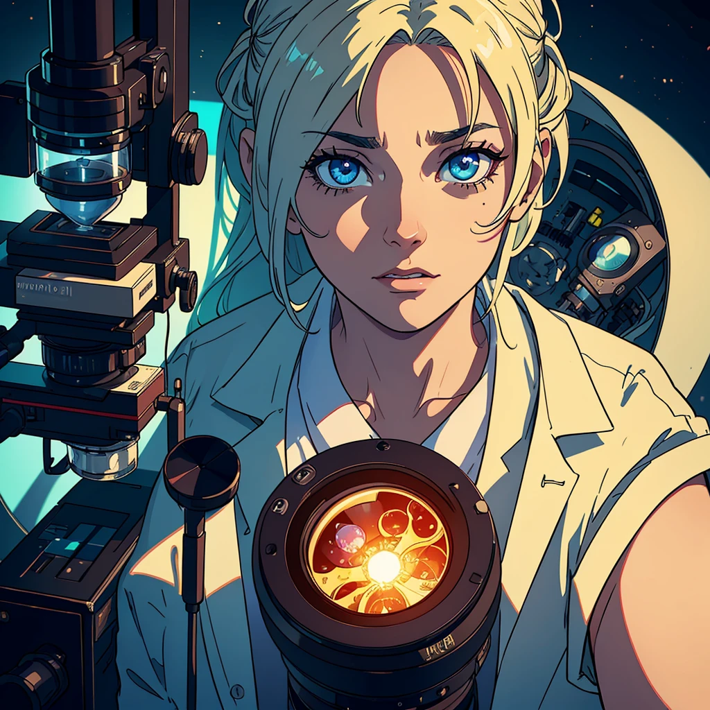 a scientist looking through a microscope, extremely detailed face and eyes, lab coat, close up view, scientific laboratory, complex scientific equipment, advanced technology, high quality image, 8k, photorealistic, cinematic lighting, vibrant colors, dramatic shadows, depth of field, intricate details, masterpiece