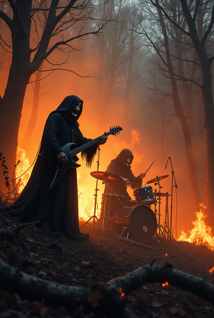 Band and drummer and vocalist dressed as death playing in the forest night on fire