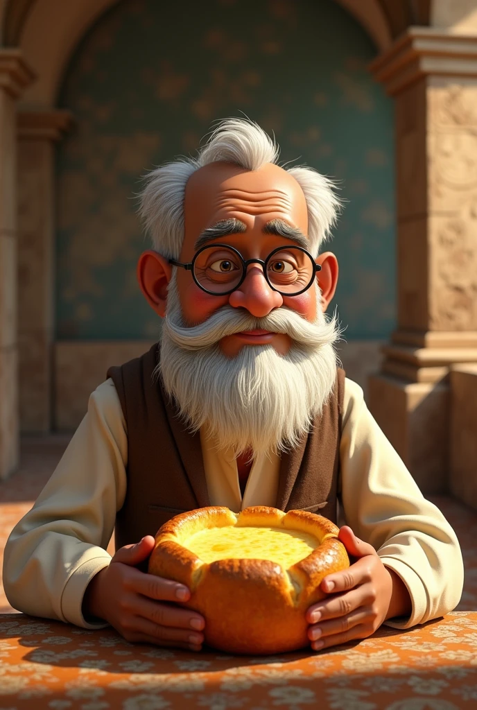 create a pixar of machado de assis, black man with big white beard, cut hair, thin glasses ,writer eating round cheese bread, in an ancient environment 
