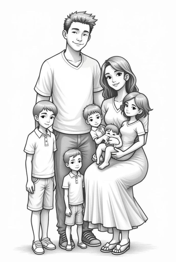 Pai's family, there is, A son of 11, a 9 year old son, a 4 year old son, a 2 year old son and a baby on his mother's lap. tall shoe, Low Mother. In pencil drawing
