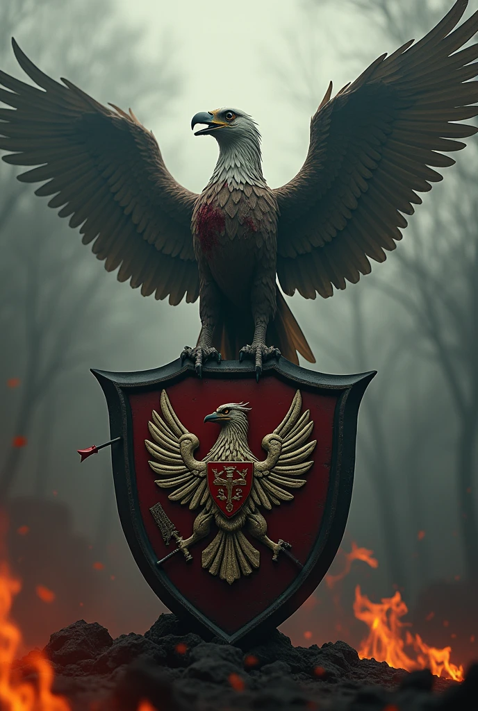 A realistic and dramatic scene of a Garuda perched on a shield embedded in the ground. The shield features the Garuda Pancasila emblem prominently in the center. The Garuda is wounded, with blood visible and arrows piercing its wings. The background is a burning forest with thick smoke filling the air, creating an intense and somber atmosphere
