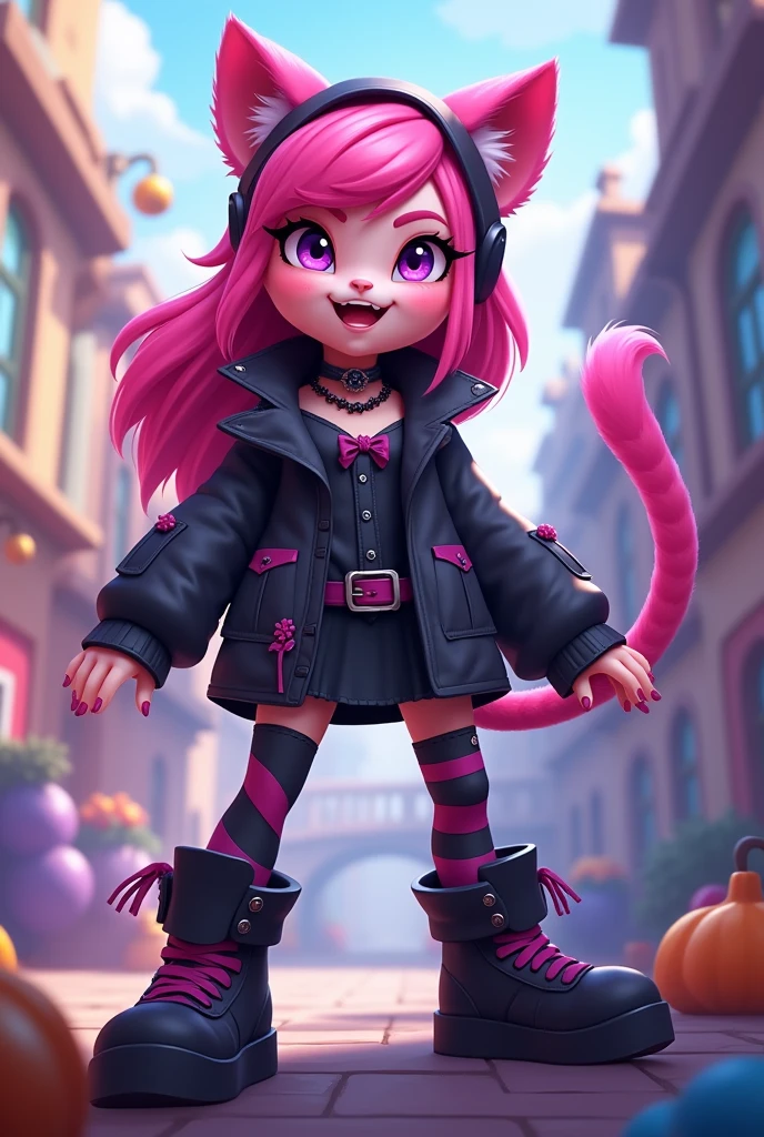 brawl stars, female character, younger, cute, pink fur, gothic black clothing, purple eyes, rocker, kitten mouth, , estilo brawl stars