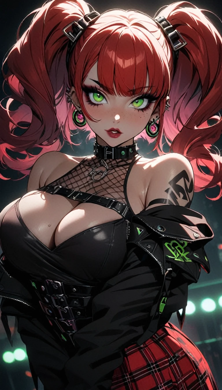 woman, curly red hair in pig tails, green eyes, eye shadow, long black jacket, red plaid skirt, black finger-less gloves, exposed shoulders, large breasts, freckles, cleavage, fishnet undershirt, looking at viewer, Holo-Punk Style, goth, earrings, eyelashes, jewelry, lips, makeup, solo, tattoo, punk aesthetic, cinematic lighting, masterpiece, best quality