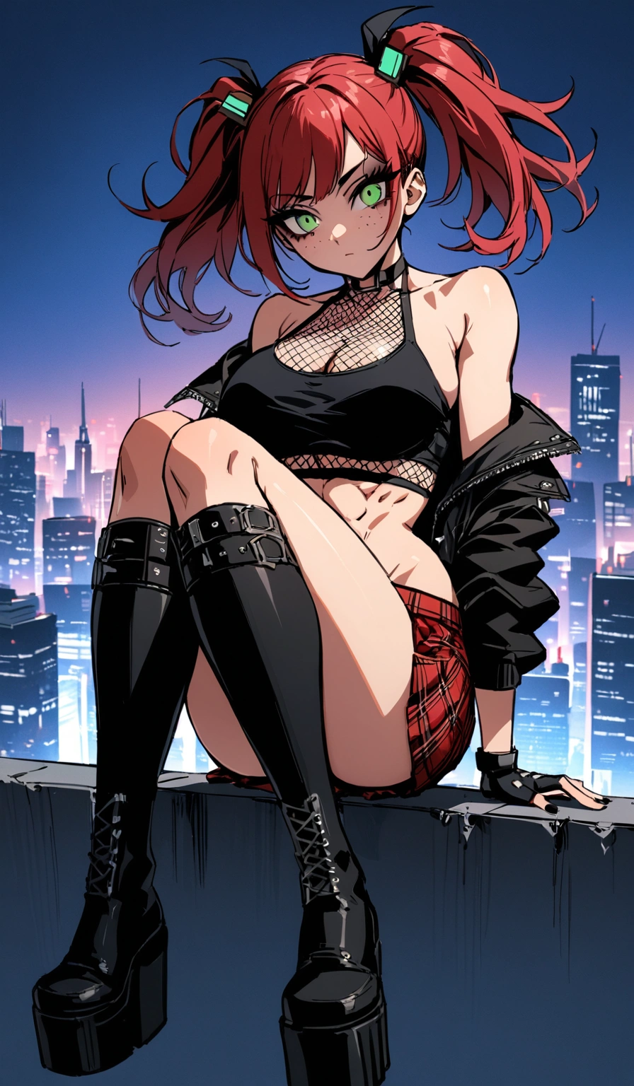 woman, stoic, curly red hair in pig tails, green eyes, black eyeshadow, wearing crop top black shirt, long black jacket, red plaid skirt, black knee high boots, black fingerless gloves, exposed shoulders, large breasts, freckles, abs, cleavage, looking down at viewer, masterpiece, best quality, Holo-Punk Style, cityscape, make up, eyelashes, fish net undershirt, fish net stockings, (full body), legs crossed