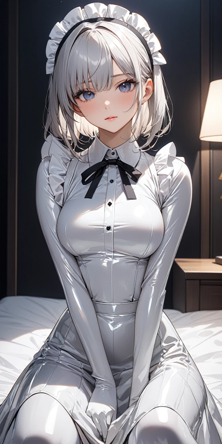 Full-body photo、Front facing pose、(masterpiece,Highest quality,Ultra-high resolution),Japanese women, Maid Headband、(((A very beautiful 25 year old))),(White latex maid outfit)、(((White latex long skirt)))、(A long-sleeved white latex shirt covering the upper body)、White latex long gloves、White latex tights、Latex is very shiny、Tight white latex bodysuit、Dark room at night、Sitting on the bed