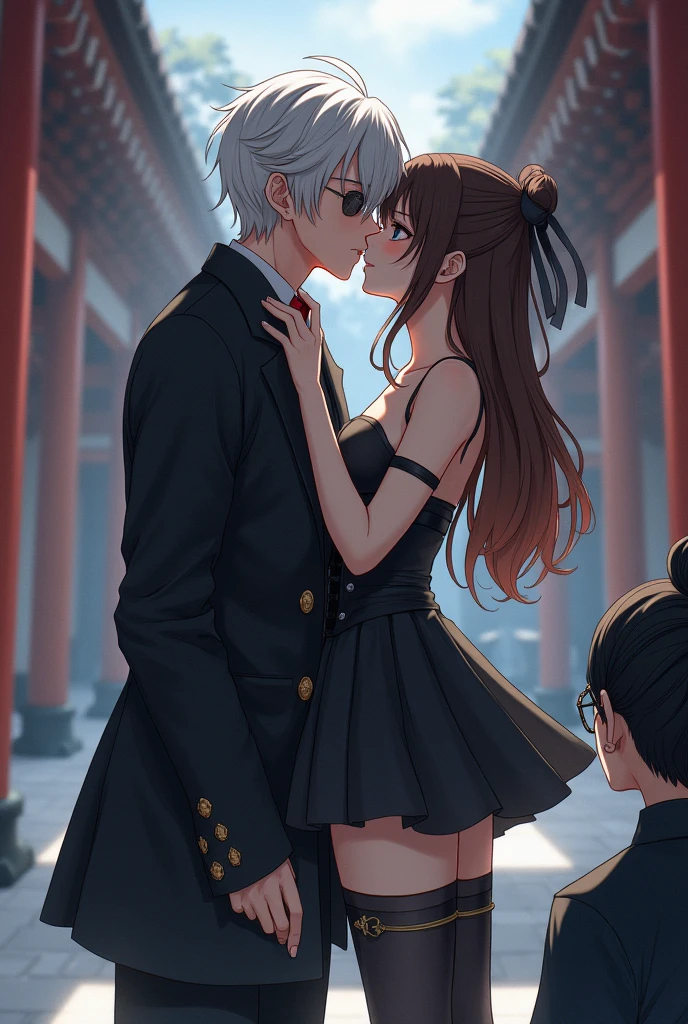 A man with white hair, short and straight, sky blue eyes, white eyelashes, black clothes with gold buttons, wearing sunglasses, kiss a white woman, adult, long straight brown hair with bangs, eyes black, round eyeglasses, wearing a black corset, Black Skirt, black tights, and black boots, on their side, A white man, grown-up, oriental-like, com uma black clothes with gold buttons, long black hair with a bun, samurai style, with black expander in both ears, watches the two of them sadly, in a temple, アニメ
