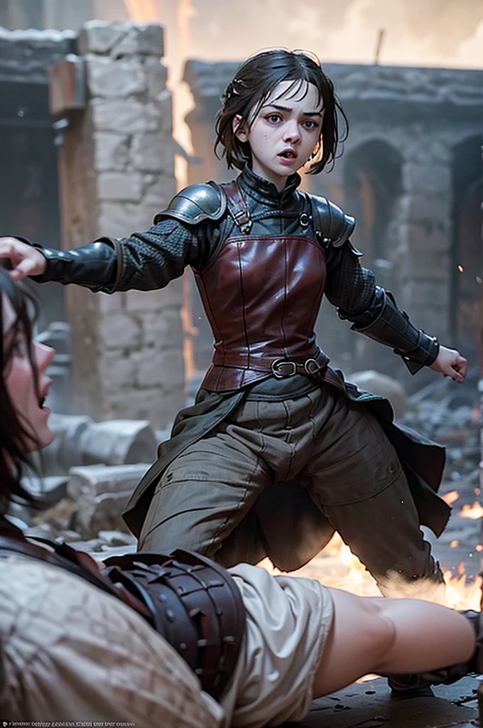Maisie Williams playing Arya Stark in Game of Thrones, wearing an armor revealing their breasts and pubes, in a fighting position during a battle.