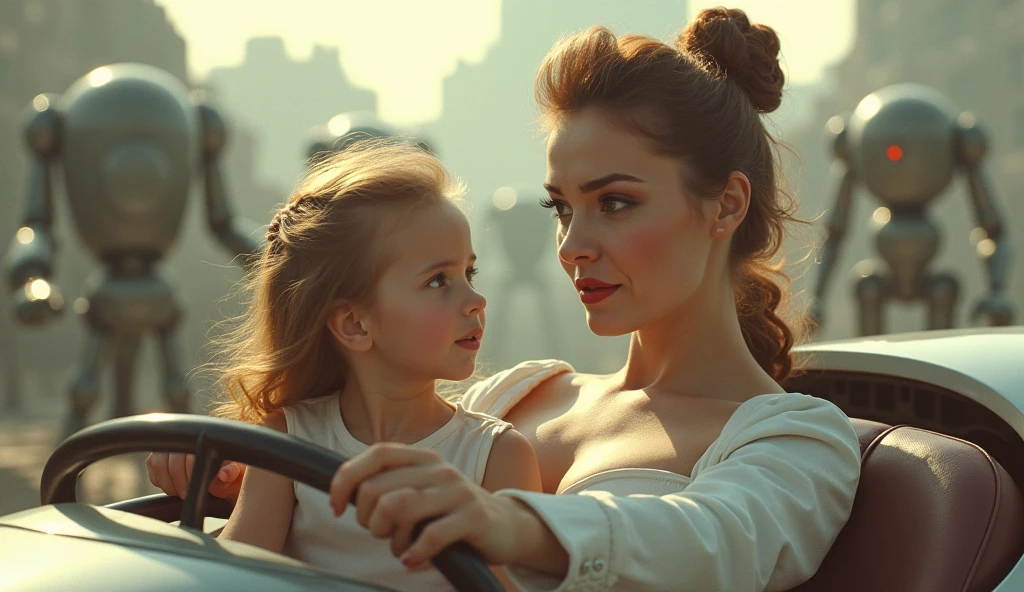 (Masterpiece.UHD.photorealistic analog photography. 1950 style) In a dystopian retro futuristic world. an ultra hot gorgeous European woman.age 23.1950 random hairstyle random hair color, voluptuous curvy figure, perfect round cleavage. Smiling Full lips. Round Baby face. Huge natural breasts (100 DD size). Wearing 40/50´s clothes. She’s a mom with her daughter (she looks worried). Driving a shiny flying over the ground futuristic vehicle.1930 clunky war evil robots. early morning light.