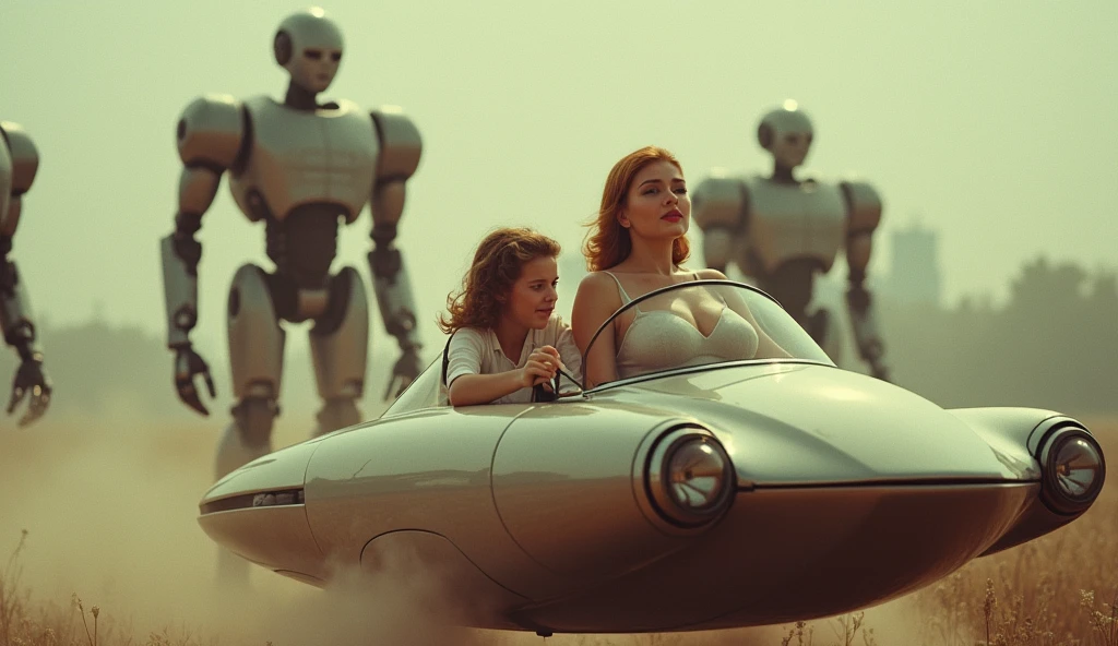 (Masterpiece.UHD.photorealistic analog photography. 1950 style) In a dystopian retro futuristic world. an ultra hot gorgeous European woman.age 23.1950 random hairstyle random hair color, voluptuous curvy figure, perfect round cleavage. Smiling Full lips. Round Baby face. Huge natural breasts (100 DD size). Wearing 40/50´s clothes. She’s a mom with her daughter (she looks worried). Driving a shiny flying over the ground futuristic vehicle.1930 clunky war evil robots. early morning light.