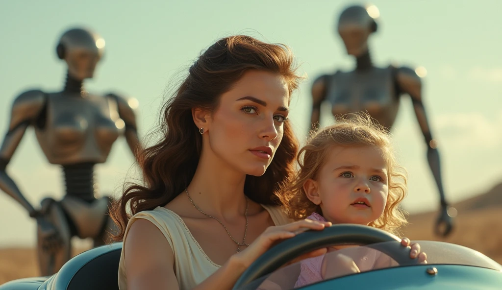 (Masterpiece.UHD.photorealistic analog photography. 1950 style) In a dystopian retro futuristic world. an ultra hot gorgeous European woman.age 23.1950 random hairstyle random hair color, voluptuous curvy figure, perfect round cleavage. Smiling Full lips. Round Baby face. Huge natural breasts (100 DD size). Wearing 40/50´s clothes. She’s a mom with her daughter (she looks worried). Driving a shiny flying over the ground futuristic vehicle.1930 clunky war evil robots. early morning light.
