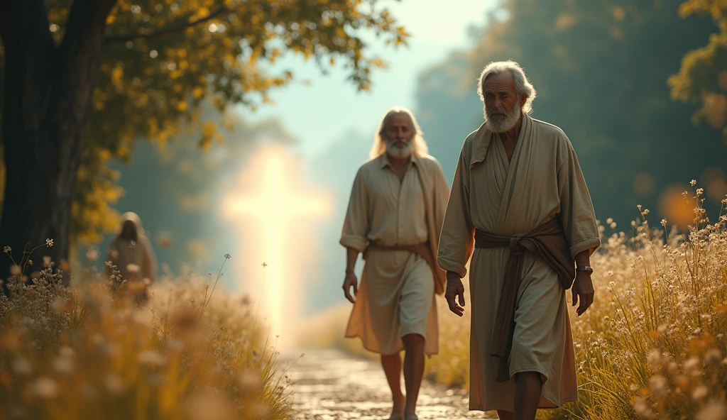 "Create a realistic scene that captures Enoch walking alongside God, as described in the Bible. Enoch should be represented as a middle-aged man, with a serene expression and eyes full of faith, wearing simple, old-fashioned clothes. Next to you, an illuminated presence symbolizing God, perhaps with a soft, radiant light that emanates love and peace. The scenario must be a natural path, surrounded by leafy trees and flowers, Under a clear blue sky, reflecting an environment of harmony and tranquility. The image should convey a deep sense of spirituality and communion between Enoch and God.."