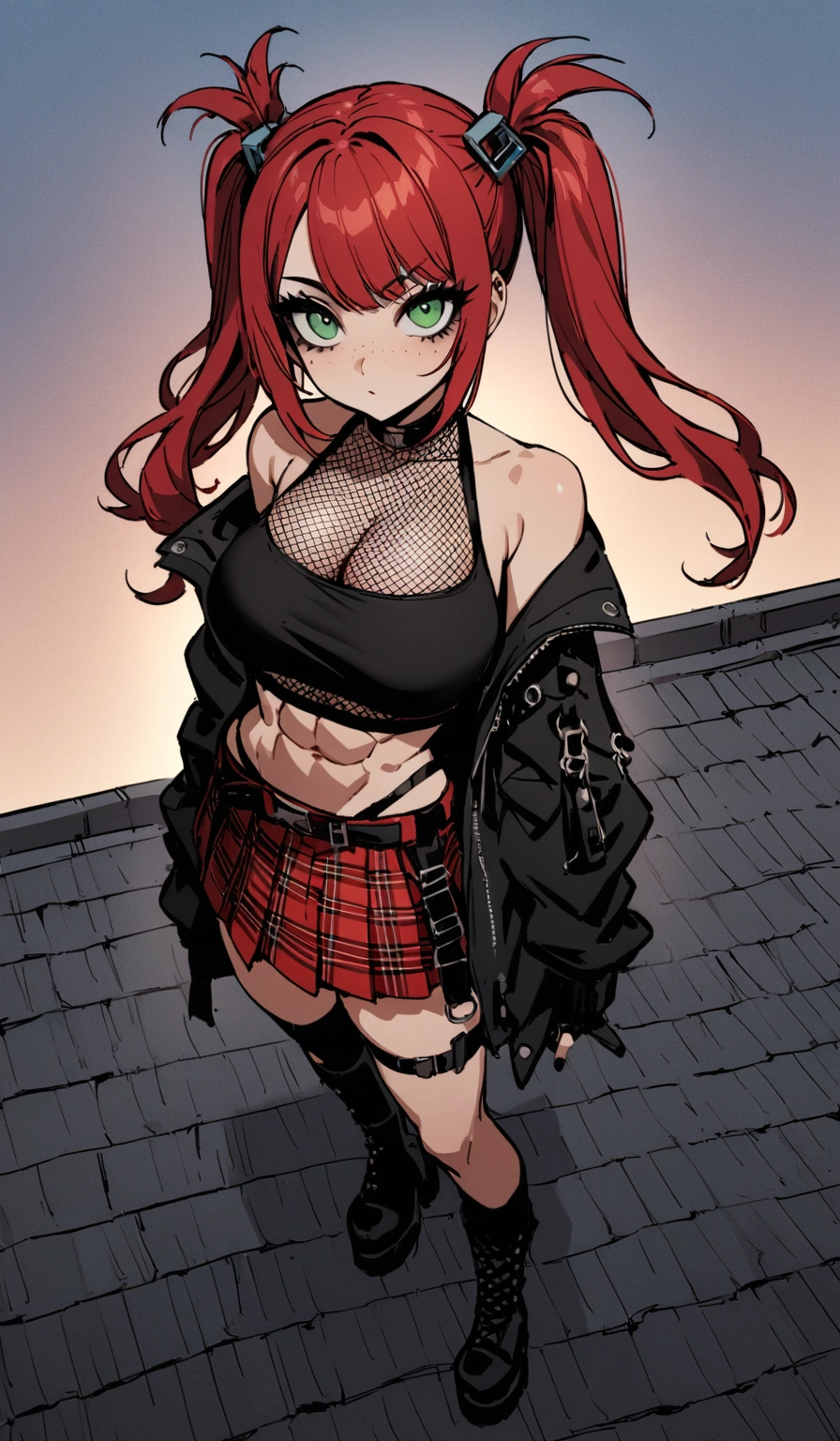 woman, stoic, curly red hair in pig tails, green eyes, black eyeshadow, wearing crop top black shirt, long black jacket, red plaid skirt, black knee high boots, black fingerless gloves, exposed shoulders, large breasts, freckles, abs, cleavage, looking up at viewer, masterpiece, best quality, Holo-Punk Style, on a rooftop, make up, eyelashes, fish net undershirt, fish net stockings, (full body)