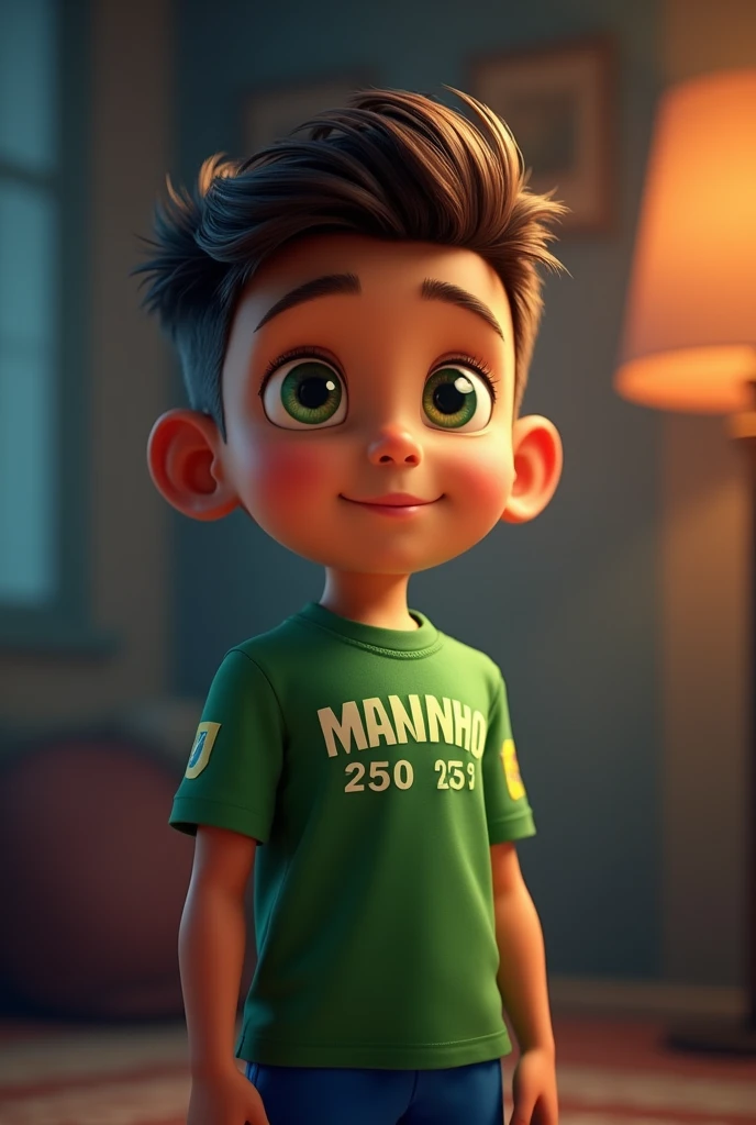 a character in standing pose, hyper-realistic, 1 young boy, beautiful detailed eyes, beautiful detailed lips, extremely detailed face, long eyelashes, black hair, green t-shirt with the name MANINHO and below the name MANINHO the number 25025 printed, blue pants, knee-high socks, soccer player style, intricate details, volumetric lighting, dramatic chiaroscuro, cinematic lighting, award-winning digital art, masterpiece, high quality, 8k, photorealistic, studio lighting, physically based rendering, vibrant colors, warm color palette, pixar style, disney