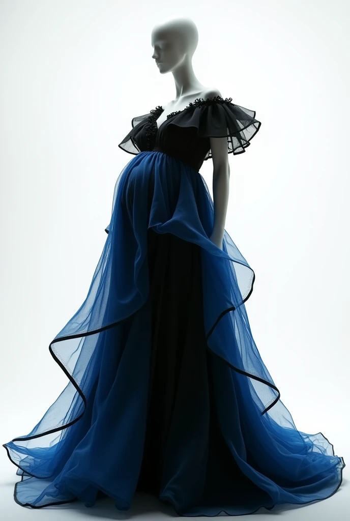 pregnent woman mannequin without hand there is a black and blue dress , double colour black and blue flowing fabric, black color aesthetic, white background flowing realistic fabric, black and blue clothes, flow very big size wide view . a still of an ethereal, black color, beautiful flowing fabric, slow motion fashion, white and black clothing, frilled blooming collar, frill, flowing dress, inspired by Hedi Xandt