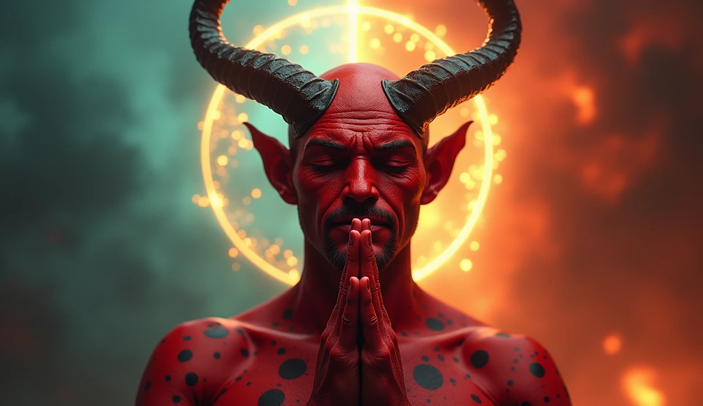 Frontal portrait Hyper focus, A demon (masculine) red skin with black spots (curved horns) eyes closed and hands joined in prayer, discret smile, a halo (neon gold) Above her head, background heaven and hell divided in half, ultra realisitic, Hyper-Realism, Ultra image definition.
