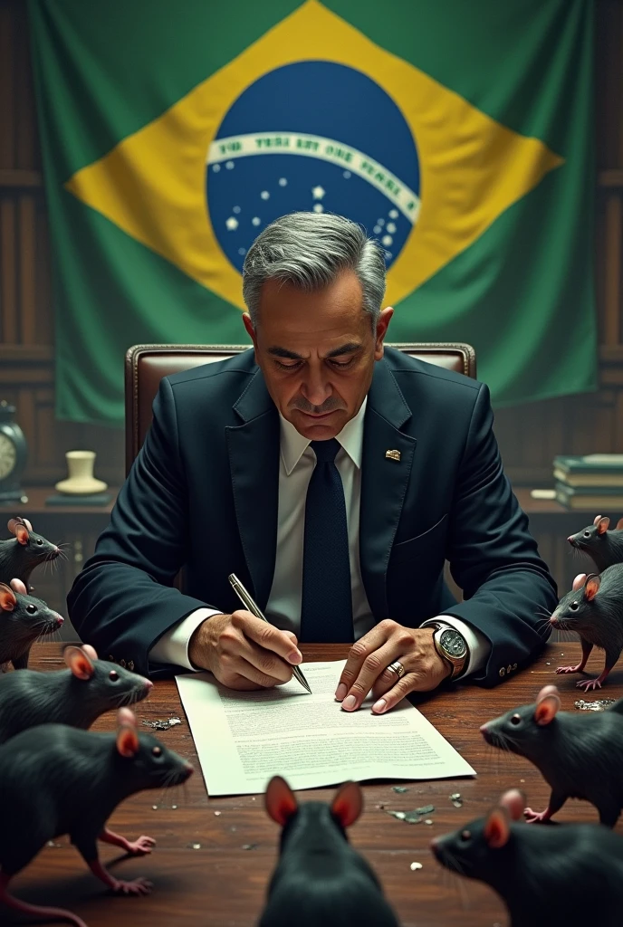 Create an image of Minister Alexandre de Moraes sitting down and signing a document, with a table full of rats and the Brazilian flag torn behind it.