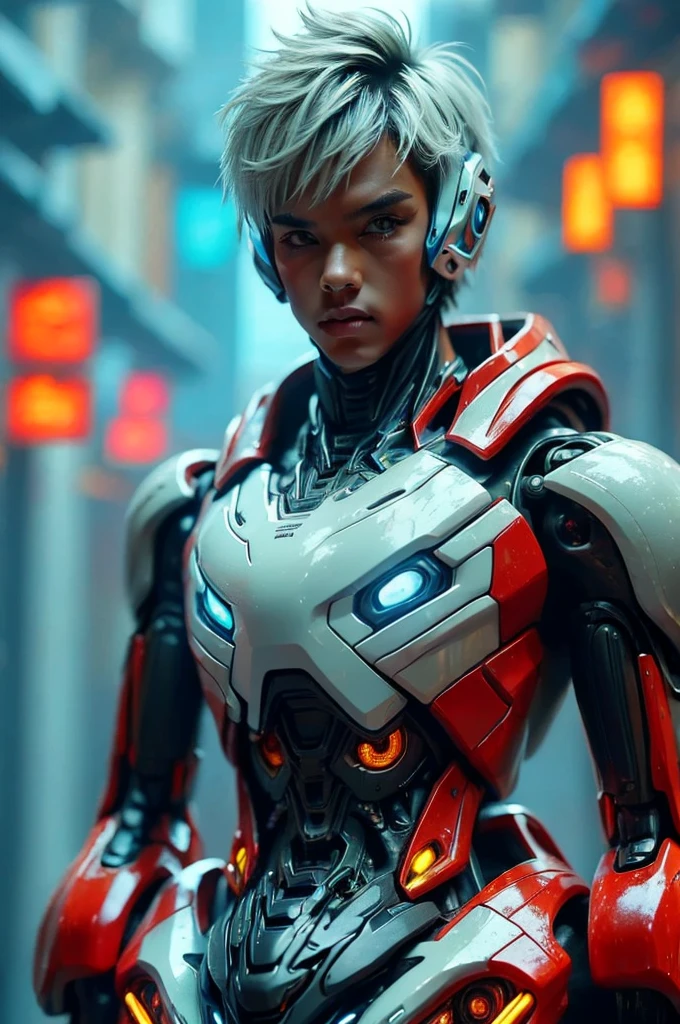 a highly detailed and intricate mecha robot, futuristic cyberpunk style, glowing neon lights, cinematic composition, 8k, hyperrealistic, intricate mechanical details, advanced technology, complex machinery, gleaming metallic surfaces, dynamic pose, dramatic lighting, vibrant color palette, moody atmosphere, cinematic framing, photorealistic, intricate gears and components, advanced futuristic technology, masterpiece