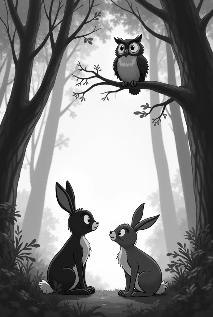 In the woods, The rabbit listens carefully to what the owl tells him., animated coloring black and white
