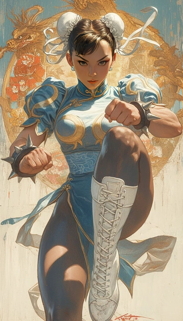 un primer plano de una muJer con un vestido azul sosteniendo un par de tiJeras, portrait of Chun Li, portrait of Chun Li, Chun Li, Chun Li, Chun Li, Martin then, Martin then artwork portrait, J. c. LeyendeCker 8 K, Craig Mullins, woJtek fus, artegerm craig mullins