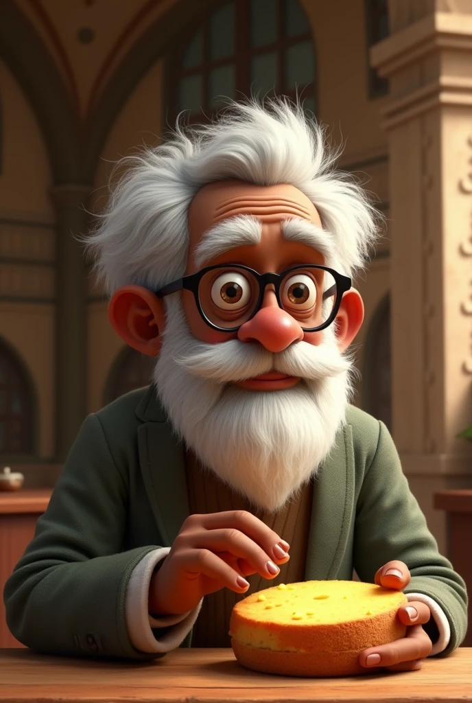 create a pixar of machado de assis, black man with a thin nose, with a big white beard, cut hair, thin glasses ,writer eating round cheese bread, in an ancient environment 
