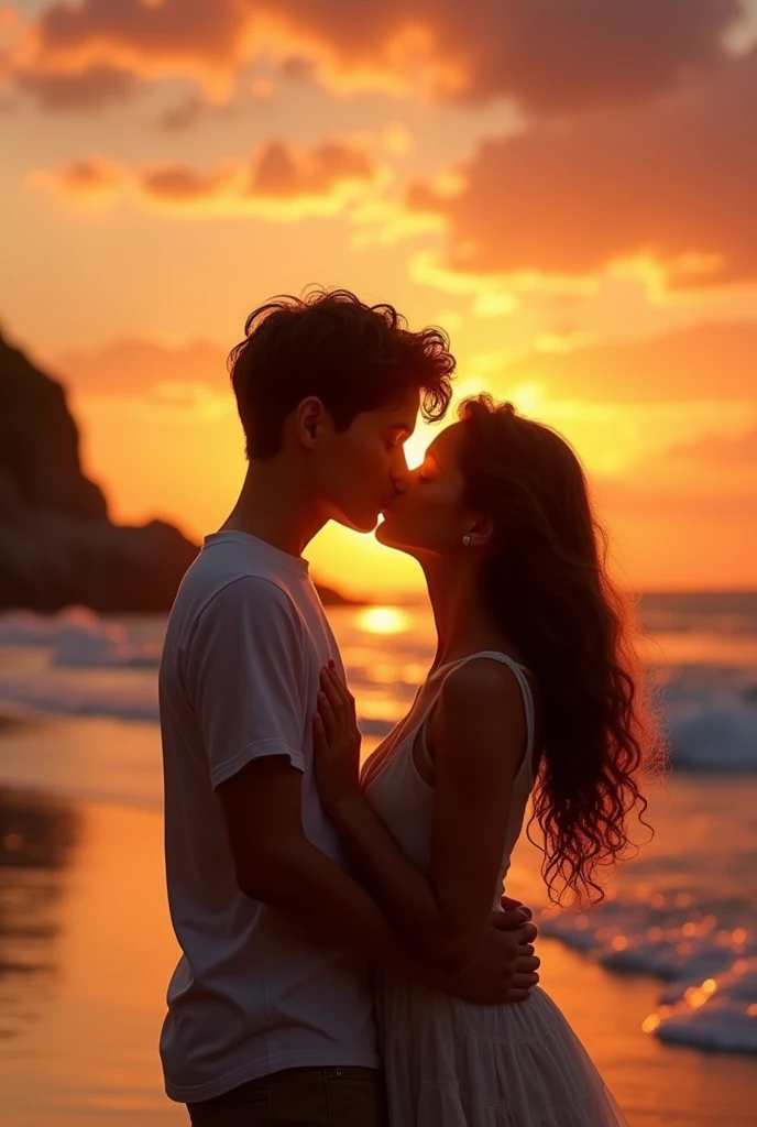 Image of a boy with brown hair and a girl with long curly hair, Brunetette , kissing at sunset on the beach.
