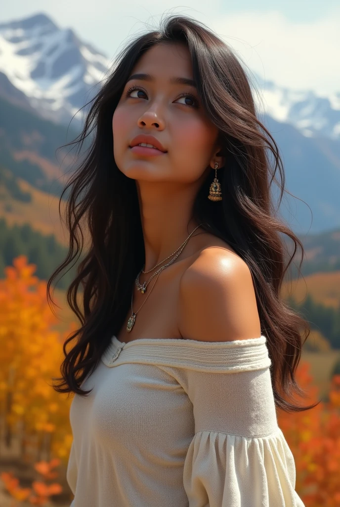 1girl in, 19, Solo, Middle hair,Wavy hair with gradients、 small tit, Looking at Viewer, long messy windy light brown hair, Bare shoulders, Full body, a necklace, off shoulders, White sweater, Realistic, A sexy, Colored leaves, mountains on background.indian girl, looking up,beautiful,bindi
