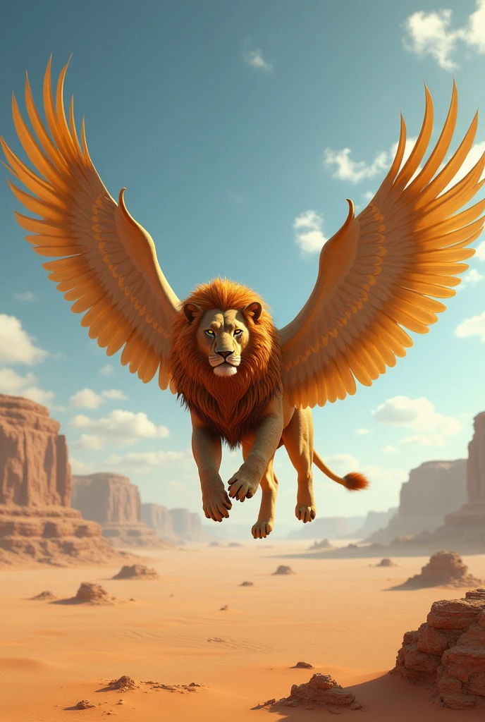 Lion with wings flying in a desert 
