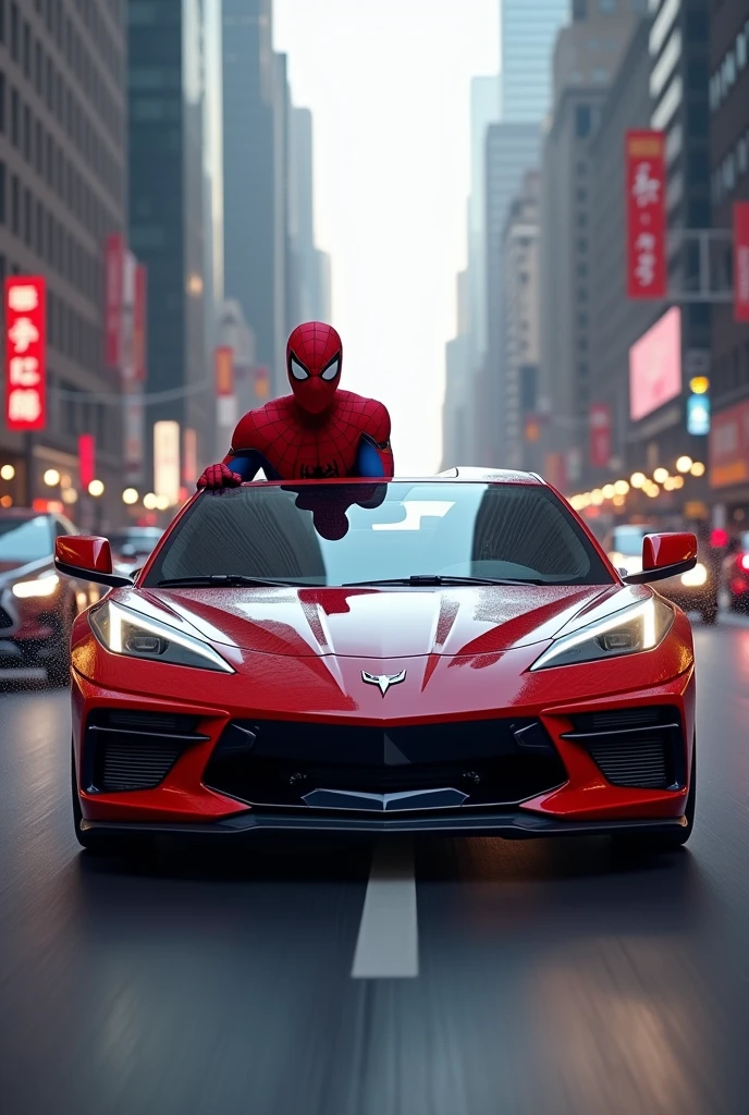 Spiderman driving a Chevrolet car