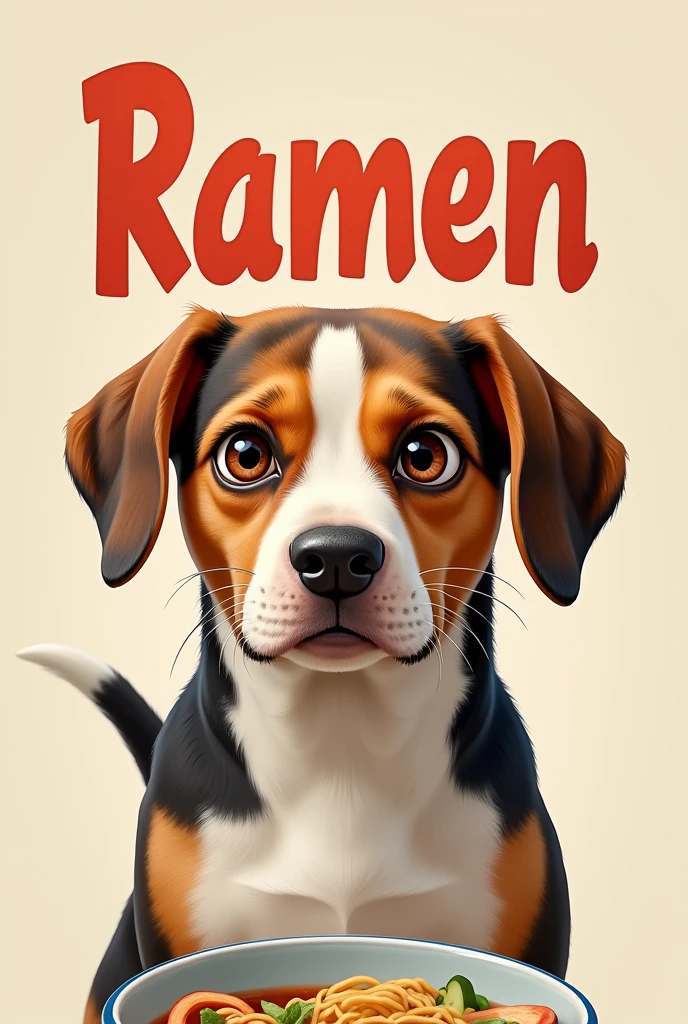 movie poster with a male beagle dog. Fur is dark brown ang white. Looks annoyed but cute. Title is Ramen