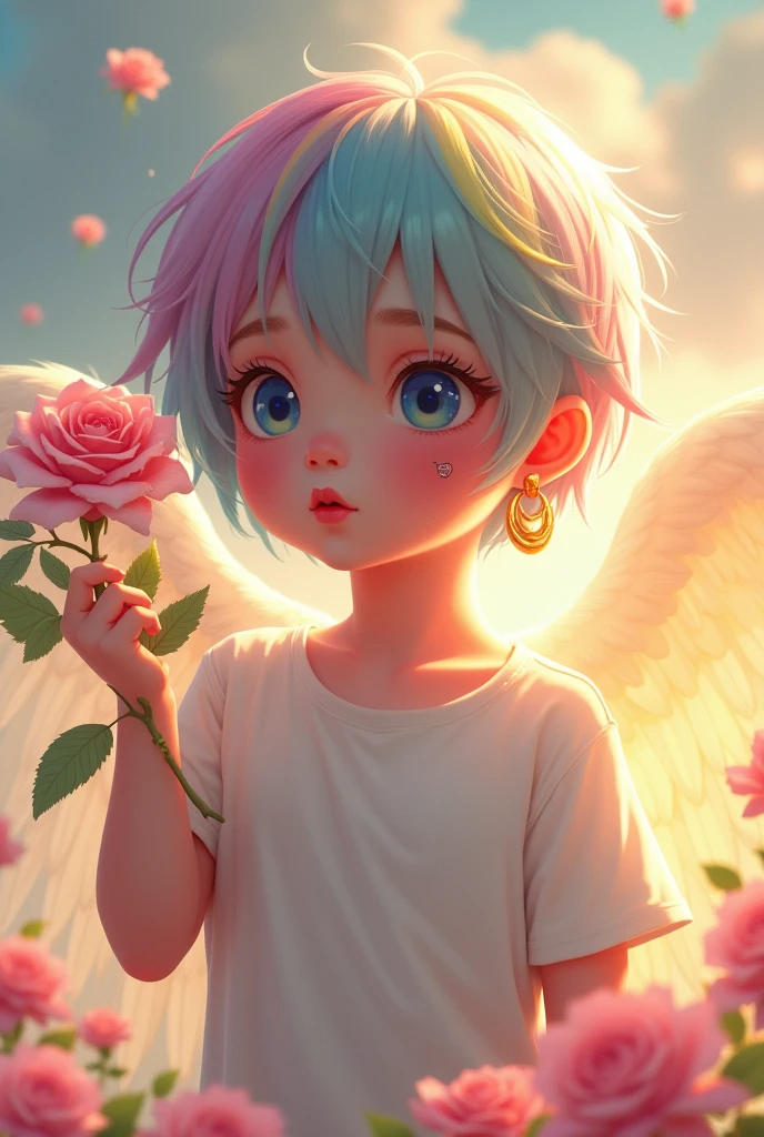 Imagine a child looking straight ahead, man, white, , Beautiful, beautiful, Beautiful, tender and adorable, that gives a feeling of peace, harmony, serenity and lots of love; with a celestial aura, divine and angelic around her; with the most beautiful eyes that could exist, with heterochromia; with all her short hair, of all the colors of the rainbow and pastel colors, that has a large gold earring in his right ear and a heart-shaped tattoo on his left cheek, rosy cheeks and huge lips, of a deep and bright red, with a white t-shirt; without wrinkles or expression lines on your face, serious. From the middle of the body from the hip. Sending a tender and huge kiss with his right hand from his right arm, with a large gold ring on her ring finger, that she is holding a single multi-colored rose with her left hand at the height above her right shoulder, with a tender and sweet look